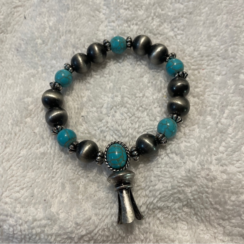 Boho Indie Silver and turquoise beaded bracelet with tassel